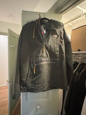 L.L. Bean Olive Green Windbreaker Anorak with Contrasting Yellow Drawcords